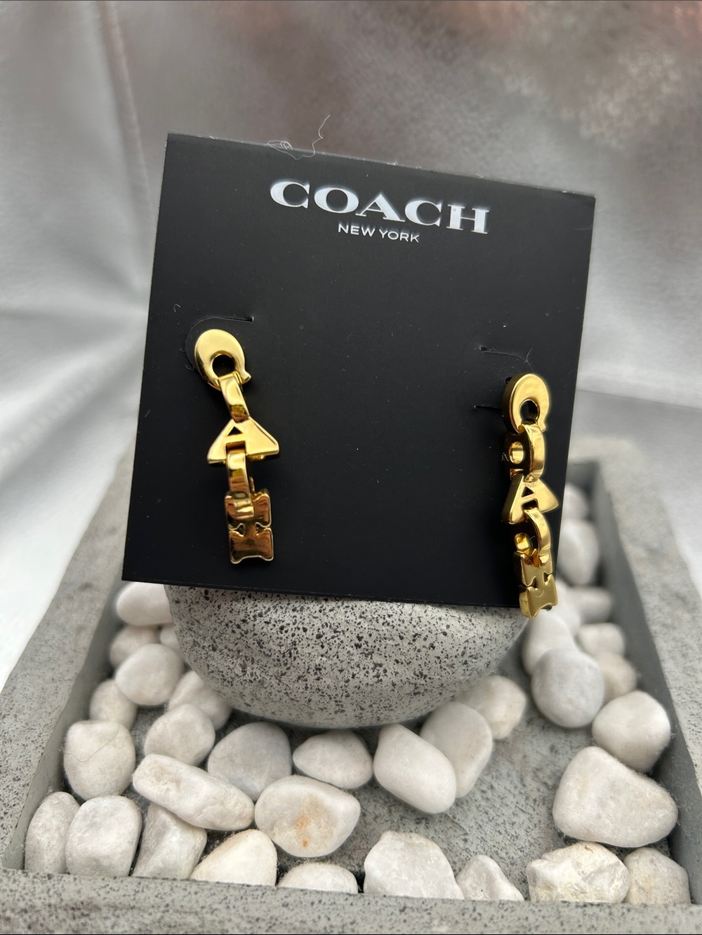Coach Gold Jumbled Signature Logo Link Linear Earrings - Picture 2 of 7